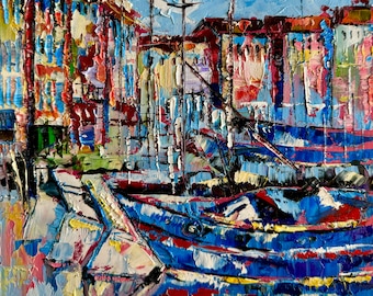 jachtschilderij, origineel olieverfschilderij, zeehavenschilderij, stadslandschap, olieverfschilderij, haven met jachten, havenstad, Italiaans olielandschap