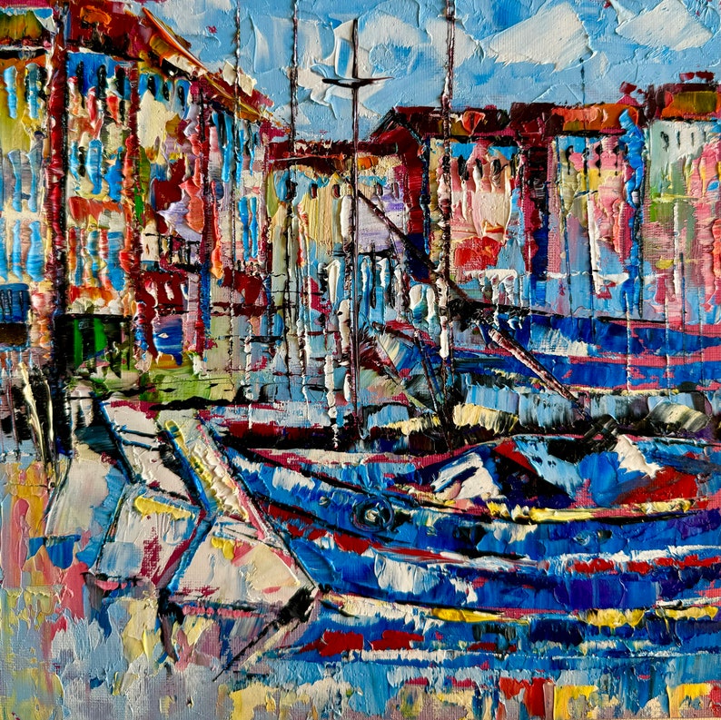 yacht painting, original oil painting, seaport painting, city landscape, oil painting, port with yachts, port city, Italian oil landscape image 1