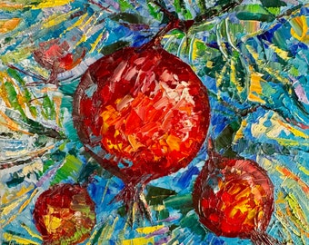 grana fruit, handmade painting, pomegranate tree, pomegranate on branch, pomegranate painting, red pomegranates, oil painting, wall painting