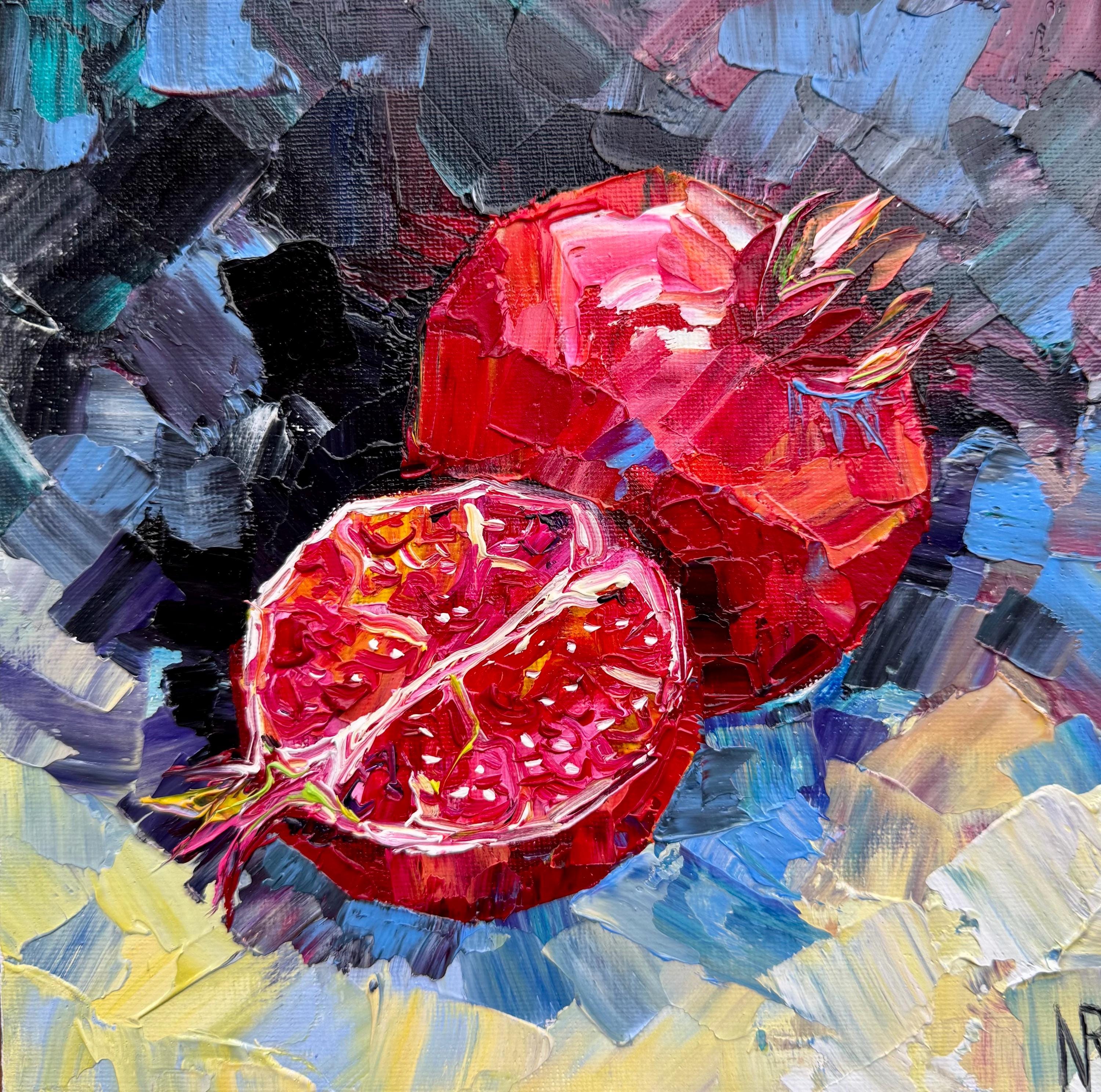 オリジナルのザクロ油絵 8x8 赤い果物の静物画、小さな正方形の