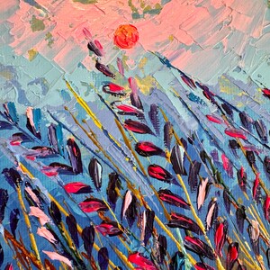May include: Abstract painting of a field of tall grass with a bright orange sun in the background. The grass is painted in shades of blue, purple, pink, and green.