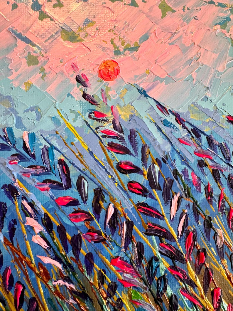 May include: Abstract painting of a field of tall grass with a bright orange sun in the background. The grass is painted in shades of blue, purple, pink, and green.