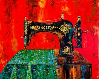 Family Bonds Painting Original Artwork 28x20 Nostalgic Painting Sewing Machine Singer Romantic Bright Gift Painting for Mom Wall Art
