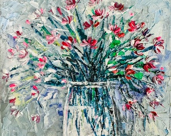 Rosa Blumengemälde, Original Ölgemälde, Impasto-Gemälde, Blumen in einer Vase, rosa Rosen, Blumengemälde, botanische Wandkunst
