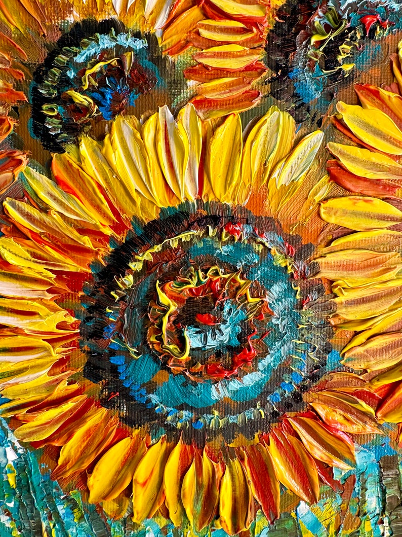 sunflowers painting, original painting, oil painting, painting with flowers, field with sunflowers, sunflowers in the field, small wall art image 5