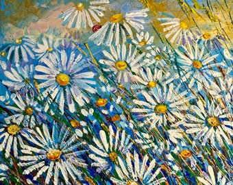Gänseblümchen-Gemälde, Originalgemälde, Feld mit Gänseblümchen, Blumenfeld, Ölgemälde, Gemälde mit Gänseblümchen, Gemälde mit Blumen, Wandkunst