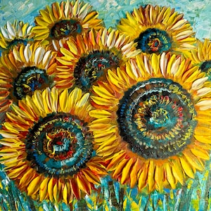 sunflowers painting, original painting, oil painting, painting with flowers, field with sunflowers, sunflowers in the field, botanical painting, flora painting, painting for mom, painting for grandma