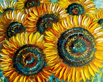 peinture de tournesols, peinture originale, peinture à l’huile, peinture avec des fleurs, champ de tournesols, tournesols dans le champ, petit art mural