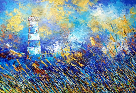 灯台絵画 オリジナルアートワーク 40x28 カリフォルニア海岸 海景 大型