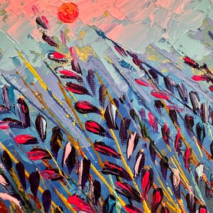 May include: Abstract painting of a field of tall grass with a bright red sun in the background. The grass is painted in shades of blue, purple, pink, and yellow.