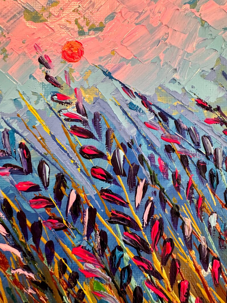 May include: Abstract painting of a field of tall grass with a bright red sun in the background. The grass is painted in shades of blue, purple, pink, and yellow.