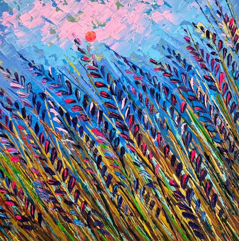 May include: Abstract painting of a field of purple flowers with a bright orange sun in the background. The painting is done in a loose, expressive style with thick brushstrokes.