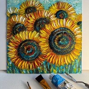 sunflowers painting, original painting, oil painting, painting with flowers, field with sunflowers, sunflowers in the field, small wall art image 10