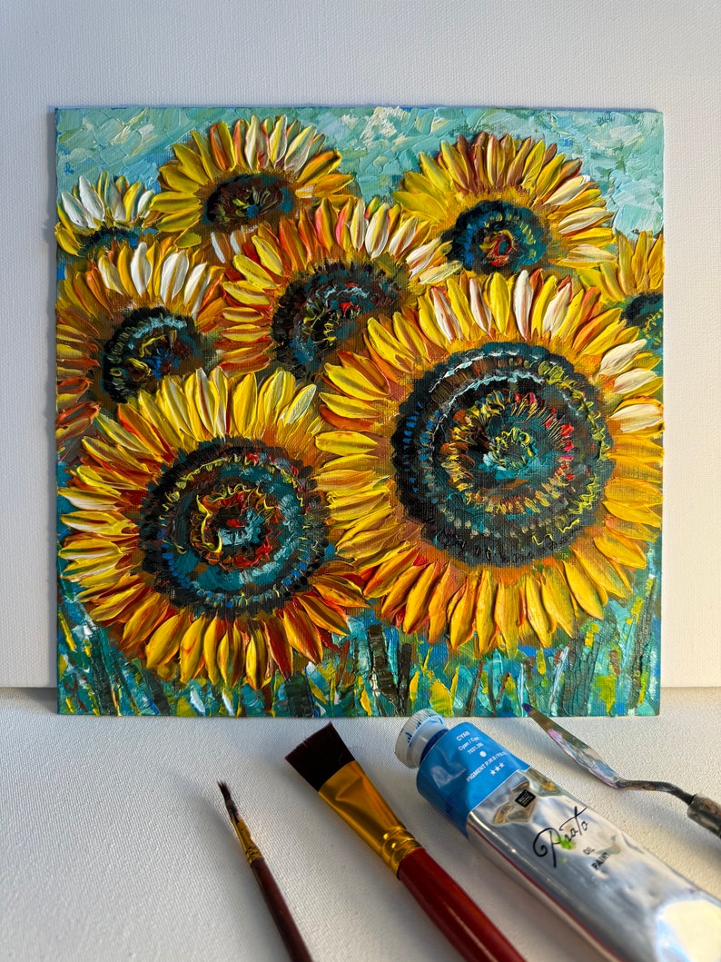 sunflowers painting, original painting, oil painting, painting with flowers, field with sunflowers, sunflowers in the field, small wall art image 10
