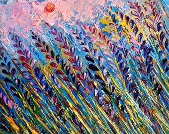 Pintura original, campo de lavanda, pintura al óleo y acrílico, regalo de aniversario, pintura provenzal, obras de arte románticas, amanecer, arte de pared pequeña