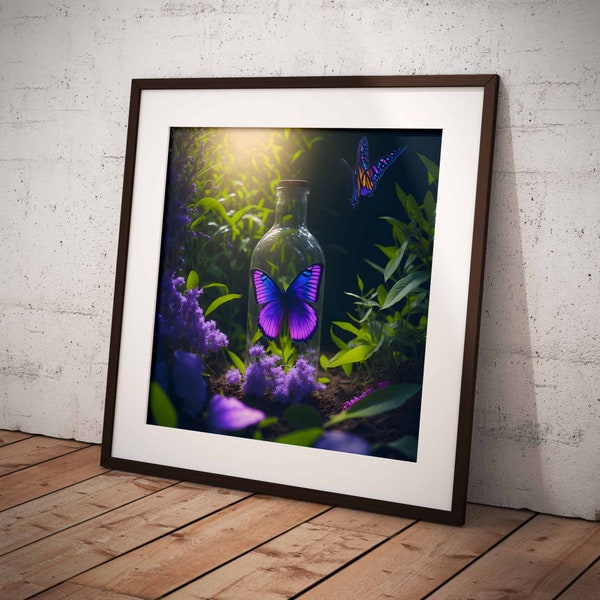 Ai Generated Art - Butterfly in Glass Bottle, Surreal Art Print, Digital Wall Art Print, Ai Wall Art Print, Scenery Wall Art, Digital Prints