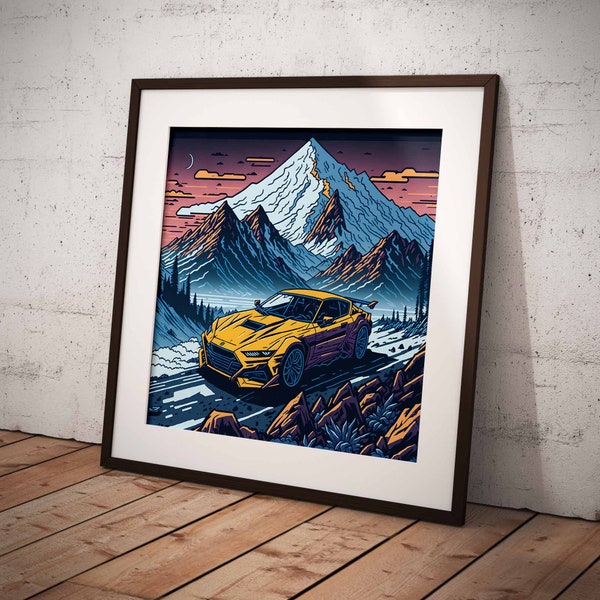 Sports Car, Anime Illustration, Majestic Mountain Backdrop, Digital Art Print, Wall Art, Ai Art, Ai Generated, Printable, Digital Download