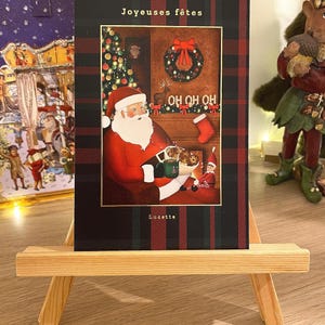 Carte de vœux, carte de noël (père-noël, lutin farceur) motif tartan et dorure