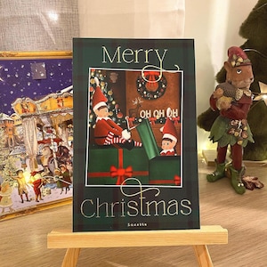 Carte de vœux, carte de noël (lutins farceurs) motif tartan et dorure