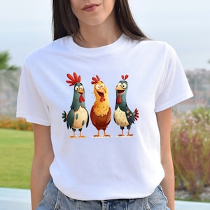 Grappige cartoon kip T-shirt, humoristisch grafisch T-shirt, schattig boerderijdier shirt, unieke kip minnaar cadeau