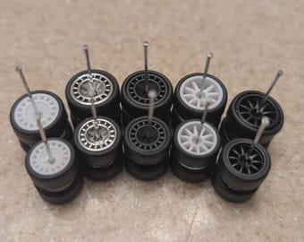 5 Hot staggered custom Bigs and littles wheels with rubber tires for JDM import import super cars 1/64 diecast diorama real riders swap sets