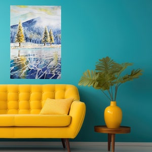 Paesaggio invernale in acquerello, carta opaca per poster, arte da parete di montagna, paesaggio su tela, decorazione da parete naturale, paesaggio innevato, regalo perfetto