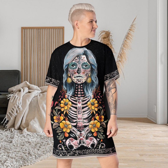 T shirt Dress With Unique Mexican Catrina Illustration Black Dress With Colorful Flowers Perfect for Everyday Style Etsy Canada