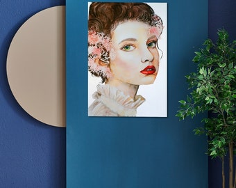 Porträt einer weißen Frau, Aquarellkunst, Poster aus mattem Papier, Frauen-Leinwandkunst, dekorative Wandkunst, Porträtposter, Frauenporträt