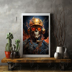 May include: A digital art print of a skull wearing a yellow hard hat and goggles, with flames and smoke behind it. The skull is wearing headphones and has a microphone attached to its chest. The print is framed in a white frame.