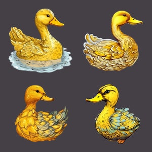 Può includere: Quattro illustrazioni digitali di anatre gialle. Le anatre sono in pose diverse, alcune nuotano e altre stanno in piedi. Le illustrazioni sono su uno sfondo trasparente.