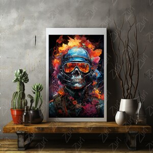 May include: A digital painting of a skull wearing a blue helmet and goggles, surrounded by colorful abstract shapes and splashes of paint.