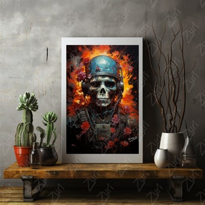 May include: A digital painting of a skull wearing a blue helmet and headphones, surrounded by red and orange flowers. The skull has a menacing expression and is set against a dark background.