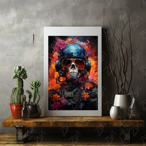 May include: A digital painting of a skull wearing a blue helmet, sunglasses, and headphones. The skull is surrounded by colorful flowers and abstract shapes.