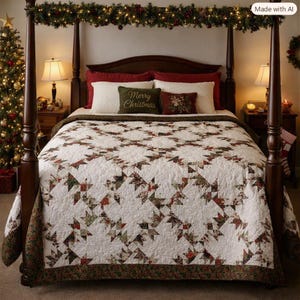 May include: A four-poster bed featuring a white quilt with a repeating red and green star pattern and a dark green floral border. The bed includes two white pillows, a dark green pillow with the text Merry Christmas, and a small floral pillow.