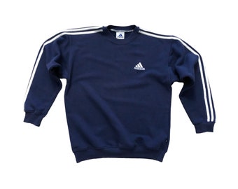 Sweat Adidas vintage à manche longue pour homme col rond logo brodé bleu et blanc streetwear rétro authentique taille S