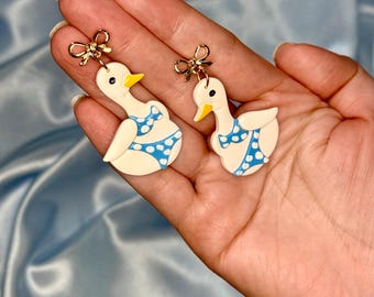Goose With Swimsuit Earrings, Fun Colorful Funky Jewelry, Blue Unique Dangles