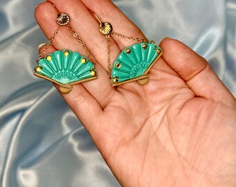 Seashell Fan Dangle Earrings, Beachy Polymer Clay Jewelry