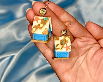 3D Beach House Earrings, Summer Dangle Jewelry, Seashells, Sand, Nautical