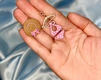 Mismatched Pink Beach Hat Swimsuit Dangle Earrings, Funky Summer Jewelry