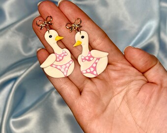 Goose With Swimsuit Earrings, Fun Colorful Funky Jewelry, Pink Unique Dangles