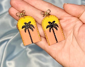 Palm Tree Sunset Earrings, Fun Colorful Funky Jewelry, Beachy Unique Dangles