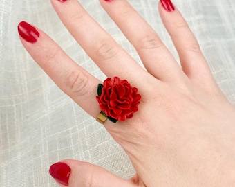 Red Carnation Adjustable Statement Ring, Floral Handmade Jewelry, Greek Mythology
