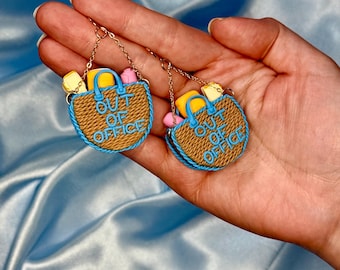 3D Out of Office Beach Bag Earrings, Summer Jewelry, Gift For Corporate Girl