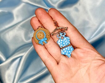 Mismatched Beach Hat Swimsuit Dangle Earrings, Funky Blue Polka Dot Summer Jewelry