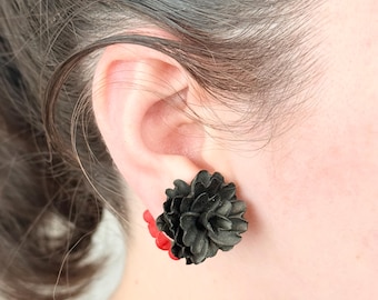 Double Sided Carnation Floral Stud Earrings, Black Red Polymer Clay, Musical Theatre Inspired