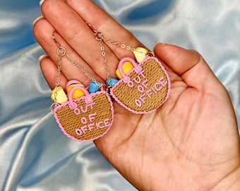 3D Out of Office Beach Bag Earrings, Summer Dangle Jewelry