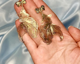 Gold Beta Fish Dangle Earrings, Summer Fun Fun Jewelry, Minimalistic, Elegant