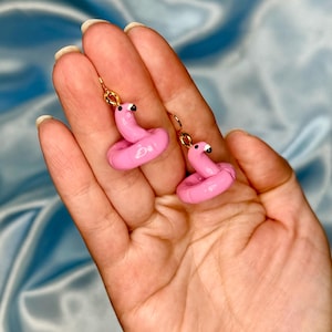 3D Flamingo Pool Floatie Dangle Earrings, Pink Summer Unique Jewelry