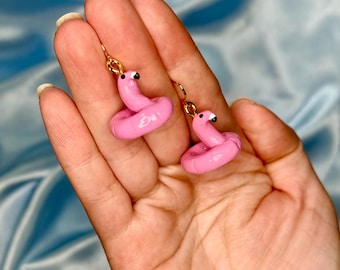 3D Flamingo Pool Floatie Dangle Earrings, Pink Summer Unique Jewelry
