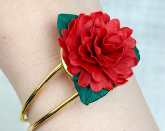 Red Carnation Adjustable Cuff Bracelet, Floral Handmade Jewelry, Greek Mythology